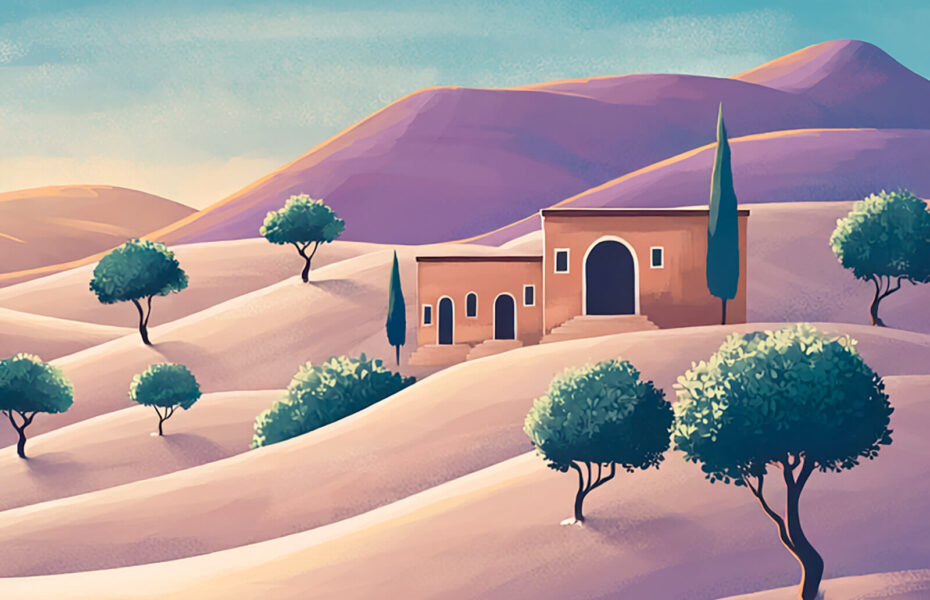 Aavikkoa, puita ja tasakattoinen kivitalo.