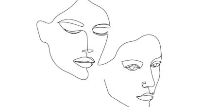 Yhtenäisestä viivasta piirtyy kahden naisen kasvot.