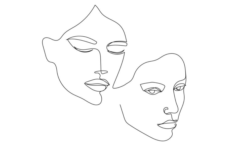 Yhtenäisestä viivasta piirtyy kahden naisen kasvot.