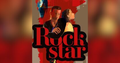 Kirjan kansi, jossa on piirrettynä käsiään puuskassa pitävä mies ja nainen, joka katsoo ylöspäin.