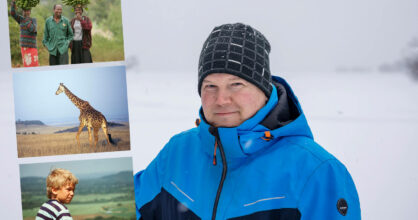 Markus Saarenketo hymyilee lumisessa maisemassa talvivaatteet päällään. Kuvan päällä on myös kolme pientä kuvaa Afrikasta.