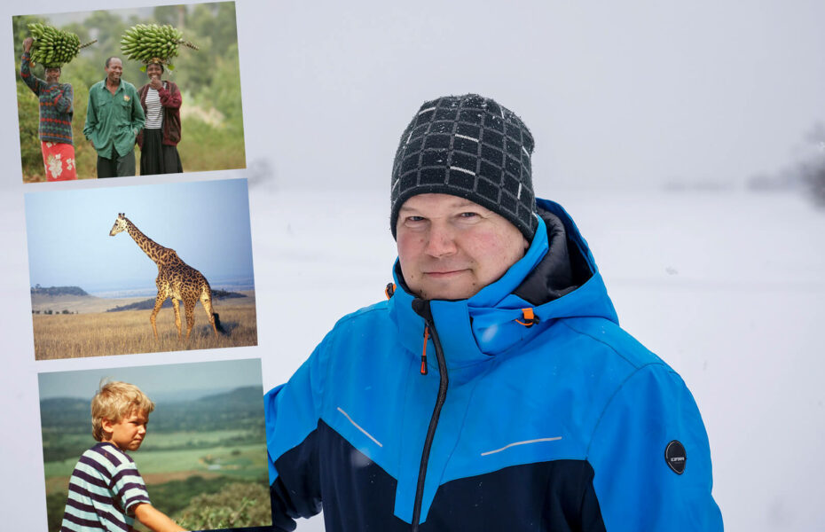 Markus Saarenketo hymyilee lumisessa maisemassa talvivaatteet päällään. Kuvan päällä on myös kolme pientä kuvaa Afrikasta.
