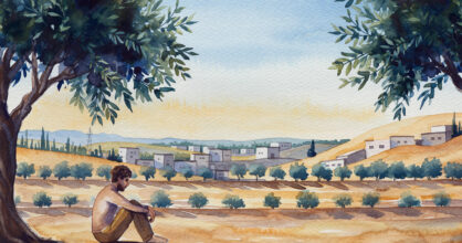 Mies istuu pää kumarassa lehtipuun alla.