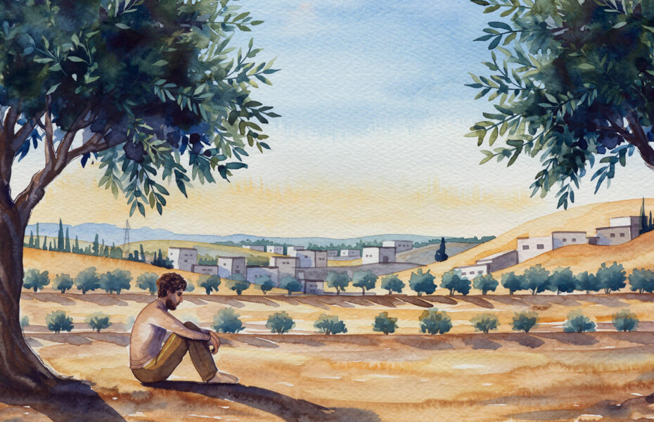 Mies istuu pää kumarassa lehtipuun alla.