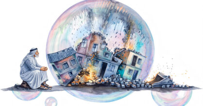 Piirros, jossa mies katsoo saippuakuplaa, jonka sisällä on kaupungin rauniot.