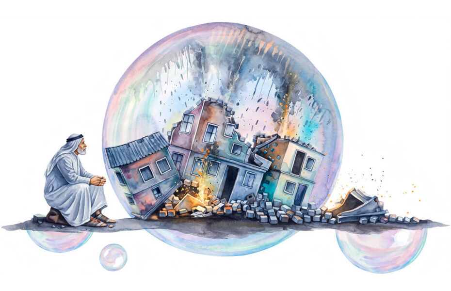 Piirros, jossa mies katsoo saippuakuplaa, jonka sisällä on kaupungin rauniot.