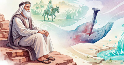 Parrakas tunikaan pukeutunut mies istuu kivellä. Hän näkee mielessään miehen ratsastamassa aasilla ja kämmenen lävistävän naulan.