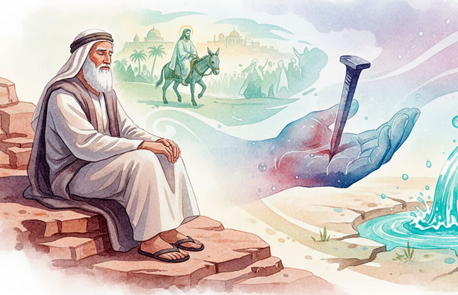 Parrakas tunikaan pukeutunut mies istuu kivellä. Hän näkee mielessään miehen ratsastamassa aasilla ja kämmenen lävistävän naulan.