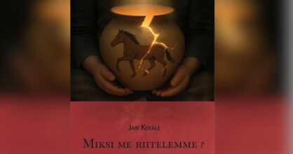 Kirjan kansi, jossa on otsikko "Miksi riitelemme". Kannessa on käsien pitämä särkynyt ruukku, jossa on hevosen kuva.