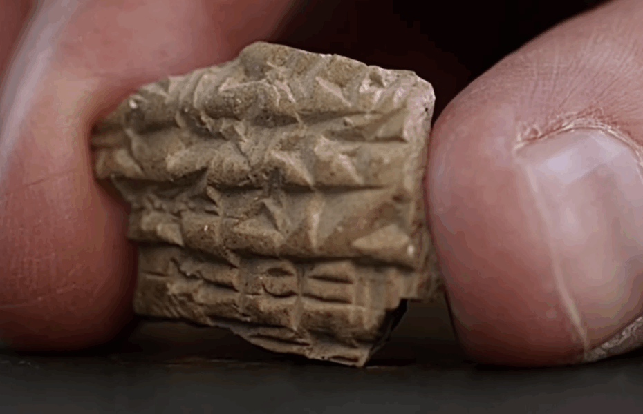 Peukalon ja etusormen välissä on kivenpala, jossa on kirjoitusta.