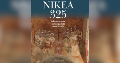 Kirjan kansi, jossa ihmisiä kokoontunut freskokuvassa ristin äärelle.
