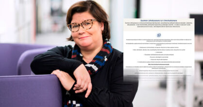 Pauliina Parliala nojaa sohvan reunaan. Kuvan päällä on ote lomakkeesta.