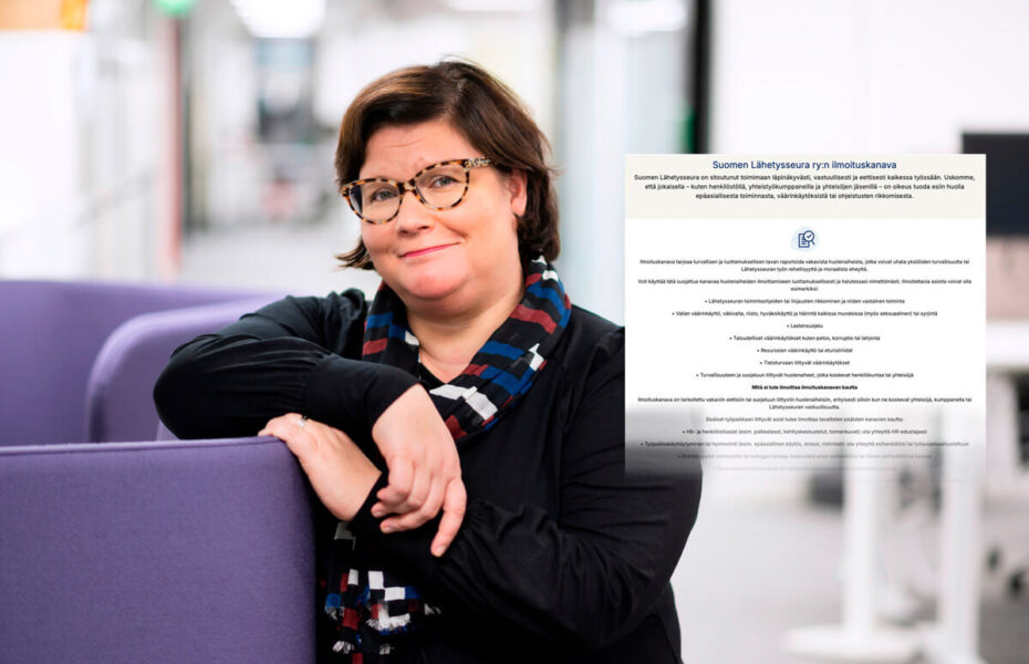 Pauliina Parliala nojaa sohvan reunaan. Kuvan päällä on ote lomakkeesta.