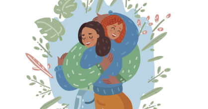 Piirroskuvassa kaksi naista halaavat.