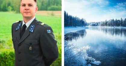 Kaksi erillistä kuvaa. Vasemmalla puolella on nuori mies luutnantin harmaassa takissa. Oikealla puolella on kaunis kuva talvisesta järvestä Suomessa.