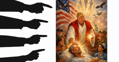 Sormet osoittavat tekoälyllä luotuun kuvaan, jossa Donald Trump pitää kättään sairasvuoteella makaavan miehen päällä.