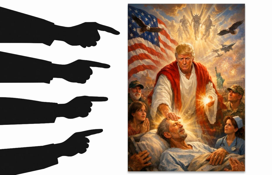 Sormet osoittavat tekoälyllä luotuun kuvaan, jossa Donald Trump pitää kättään sairasvuoteella makaavan miehen päällä.