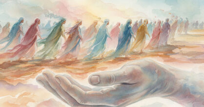 Piirros suuresta kädestä ja vaeltavasta kansasta.