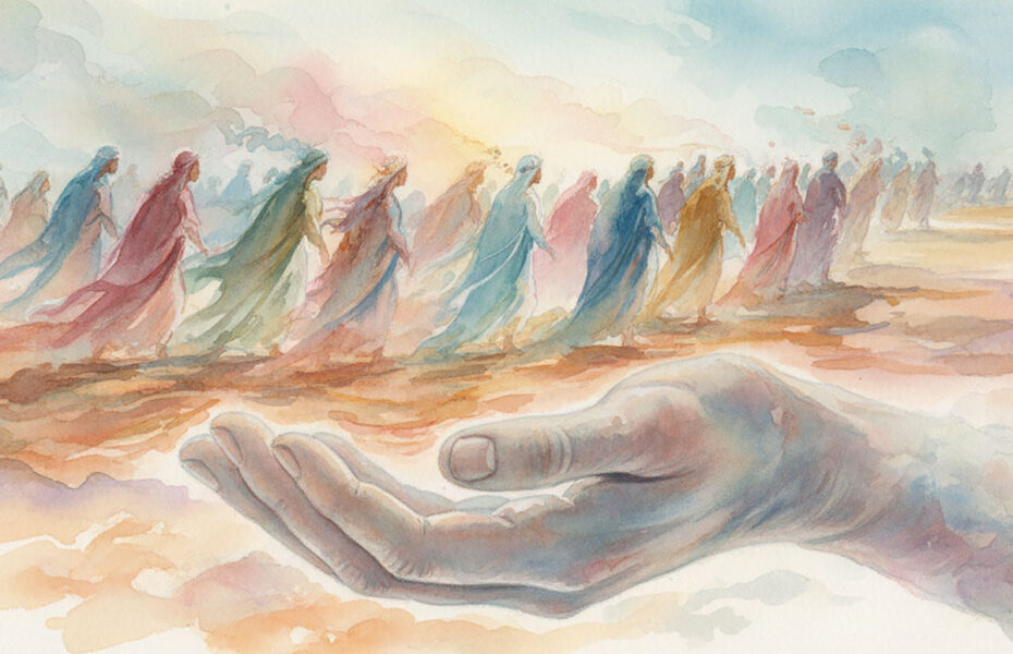 Piirros suuresta kädestä ja vaeltavasta kansasta.