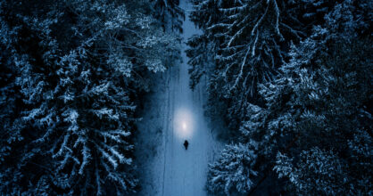 Luminen metsä ylhäältäpäin kuvattuna. Ihminen kävelee taskulampun kanssa.