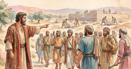 Piirros Lähi-idästä. Mies ohjaa miesjoukkoa temppelin rakennustöihin.