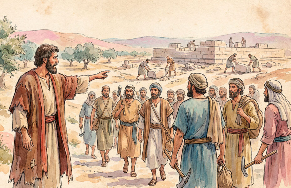 Piirros Lähi-idästä. Mies ohjaa miesjoukkoa temppelin rakennustöihin.