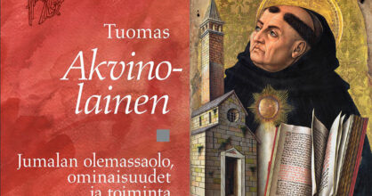 kirjan kannen kuva vasemmalla, ja oikealla olevassa maalauksessa Tuomas pitelee käsissään kirkkoa ja kirjaa.