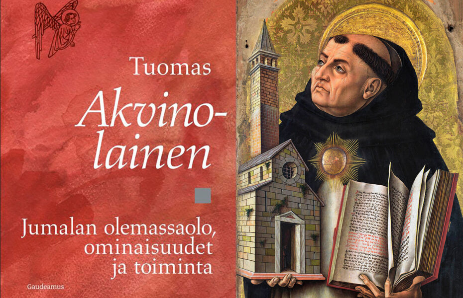 kirjan kannen kuva vasemmalla, ja oikealla olevassa maalauksessa Tuomas pitelee käsissään kirkkoa ja kirjaa.
