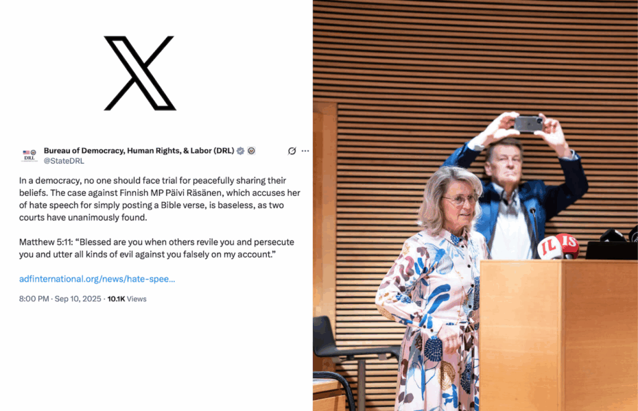 Jaettu kuva. Vasemmalla puolella kuvakaappaus USA:n ulkoministeriön alaisen viraston x-päivityksestä. Oikealla puolella Päivi Räsänen antamassa haastattelua medialle.