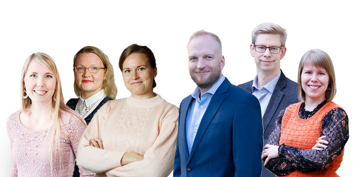 Valkoisella taustalla Uuden Tien toimittajien kuvia.