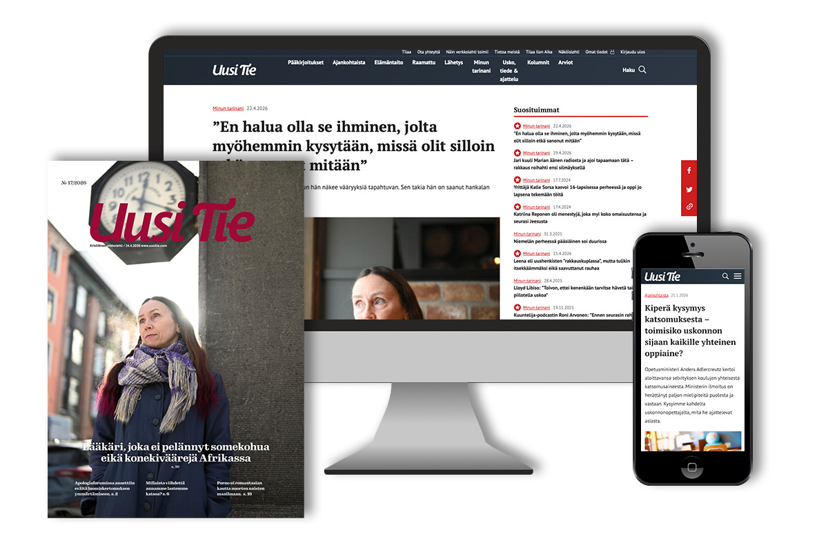 Uusi Tie -lehden kansikuva. Lisäksi tietokoneen ja älypuhelimien näytöt, joissa on Uuden Tien digilehti.