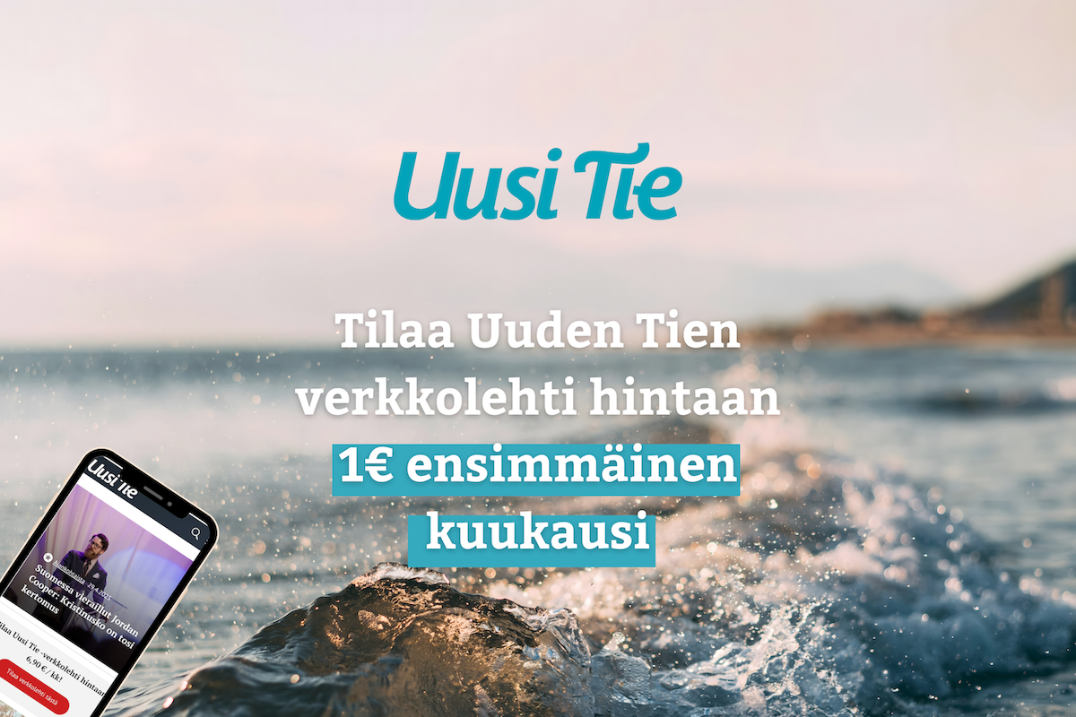 Mainos, jossa lukee: "Tilaa Uuden Tien verkkolehti hintaan 1€ ensimmäinen kuukausi".