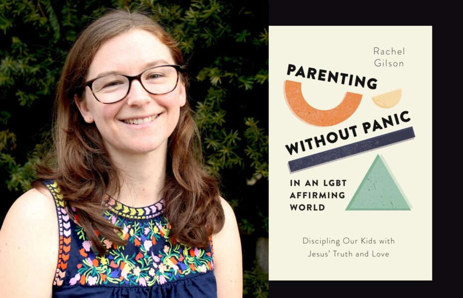 Kirjan "Parenting without Panic in an LGBT-Affirming World" kansi. Oikealla silmälasipäinen nainen, joka hymyilee.