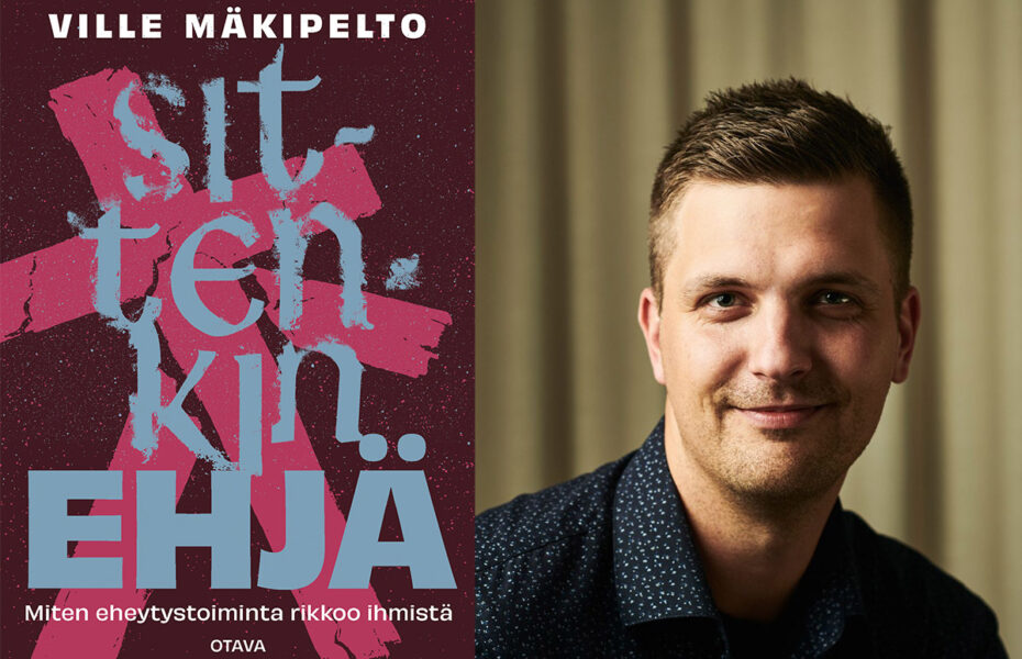Vasemmalla kirjan kansi. Oikealla Ville Mäkipelto.